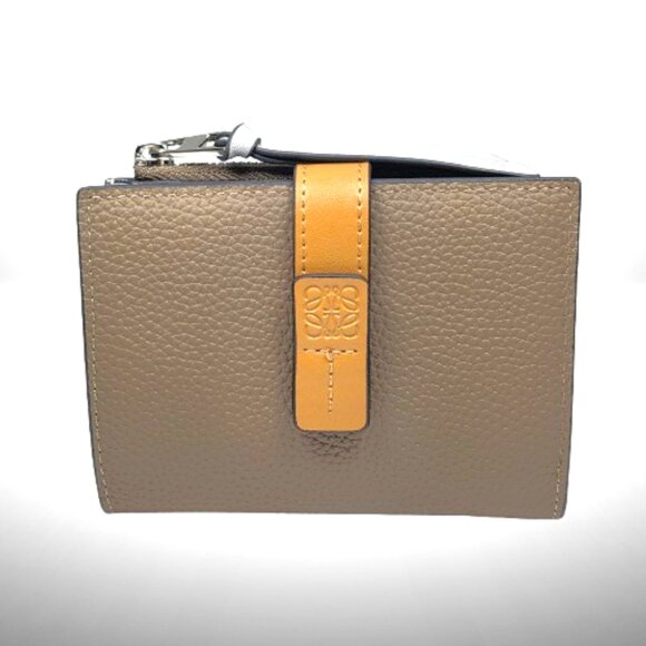 Loewe Handbags - Loewe Compact Zip Wallet / Bifold Coin Wallet Taupe & Tan Anagram Strap - New